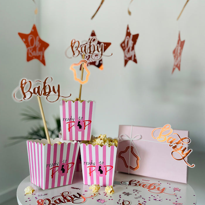 Baby Shower Party Deko Set für Mädchen - OH Baby! Spiral Deckenhänger + 2x Baby Konfetti Sets + Popcorn Schachteln