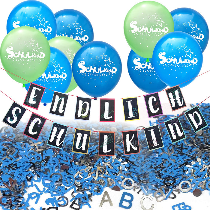 Schuleinführung Schulanfang Einschulung Deko Set - Endlich Schulkind Girlande Luftballons Konfetti