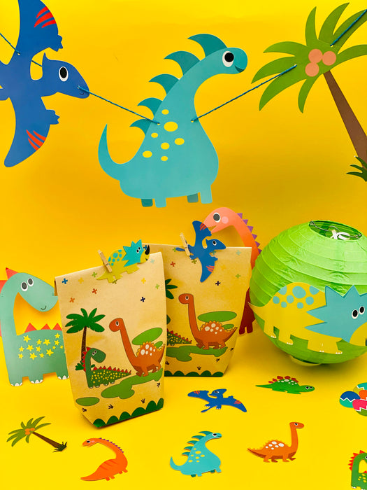 Dino Party Kinder Geburtstag Deko Set - Girlande + Temporäre Tattoos + Geschenktüten - für Jungs