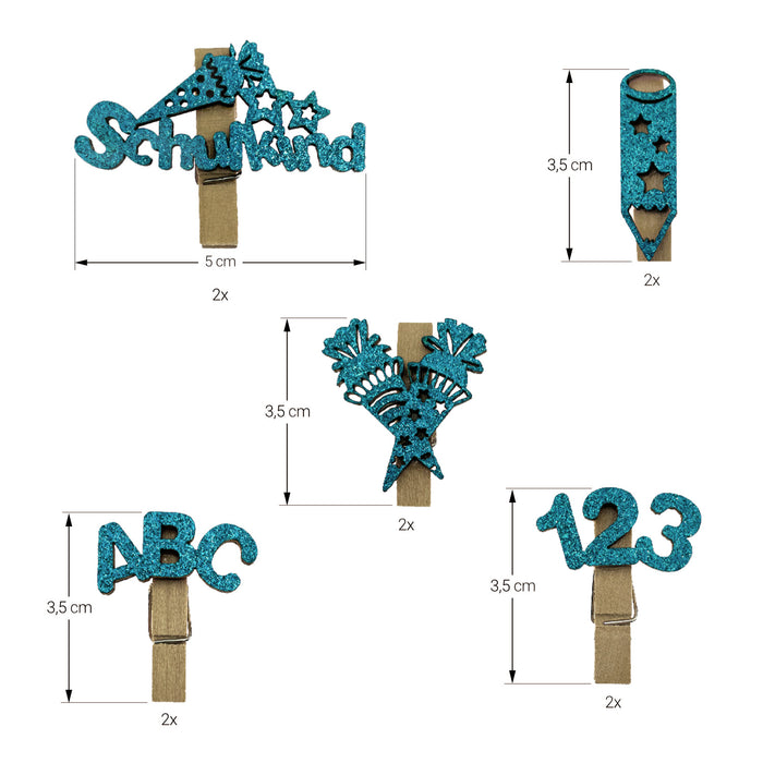 10 Mini Wäscheklammern Holz Miniklammern Glitzernd mit Schulkind 123 ABC Motiv für Schuleinführung Einschulung - türkis