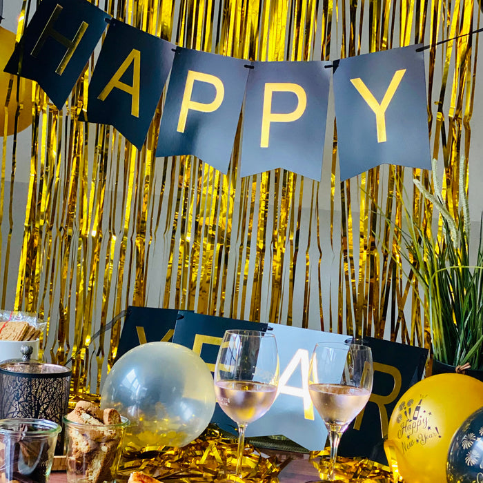 Happy New Year Wimpel Girlande Banner Wimpelkette Silvester Neujahr Party Feier Deko schwarz gold