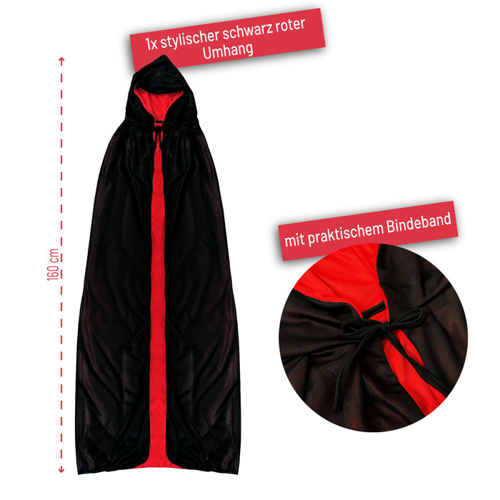 Umhang schwarz rot Cape für Hexe Zauberer Kostüm Accessoire für Halloween Karneval Fasching Motto Party