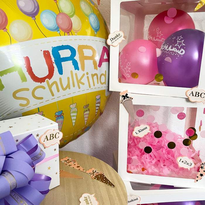 Schuleinführung Schulanfang Einschulung Deko Set für Mädchen - Ballonbox + Girlanden + Ballons + Konfetti