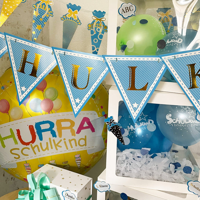 Schuleinführung Schulanfang Einschulung Deko Set für Jungen - Ballonbox + Girlanden + Ballons + Konfetti