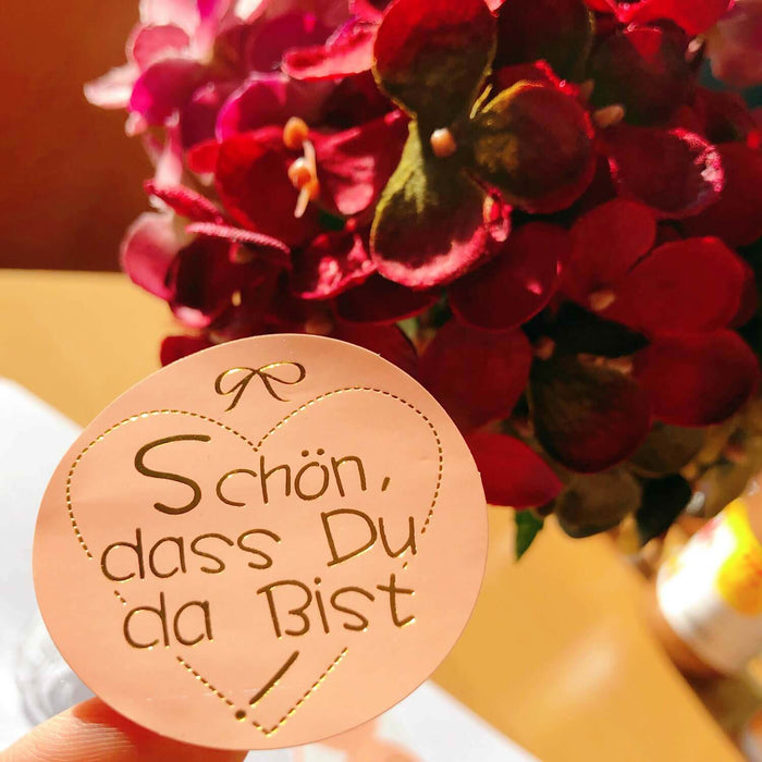 12 Sticker Schön, dass Du da bist Aufkleber zum Danke sagen für Gastgeschenk Geschenkdeko rosé