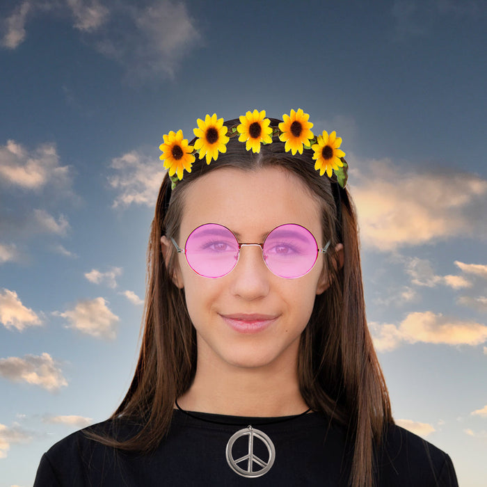 Hippie Kostüm Accessoire Set - Sonnenbrille + Peace Kette Leder Band + Blumen Haarband für Fasching Karneval