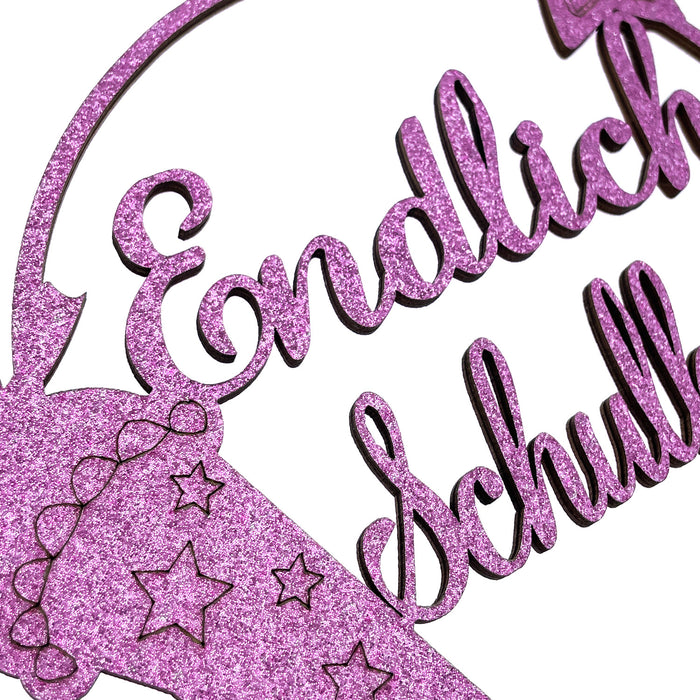 Endlich Schulkind Holz Torten Topper Glitzernd rosa für Schuleinführung Einschulung Schulanfang Kuchendeckel