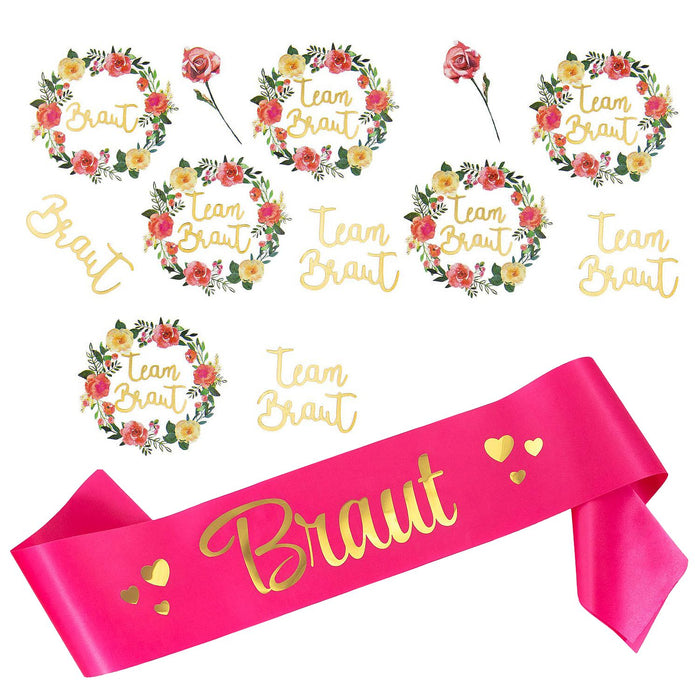 JGA Hochzeit Accessoire Set - Braut Schärpe + Braut - Team Braut Tattoos pink gold