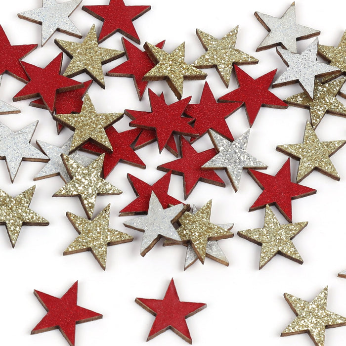 Holz Sterne Deko Set Holzdeko Konfetti Weihnachtsdeko Tischdeko Streudeko für Weihnachten - rot gold weiß