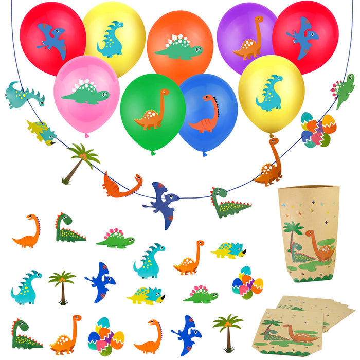 Dino Deko Set Kinder Geburtstag Jungs - Dinosaurier Ballons + Girlande + Geschenktüten + Konfetti