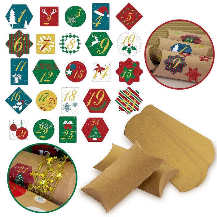 DIY Adventskalender Set - 24 Boxen Schachteln + 24 Zahlen Stickern Aufkleber für Weihnachten Advent