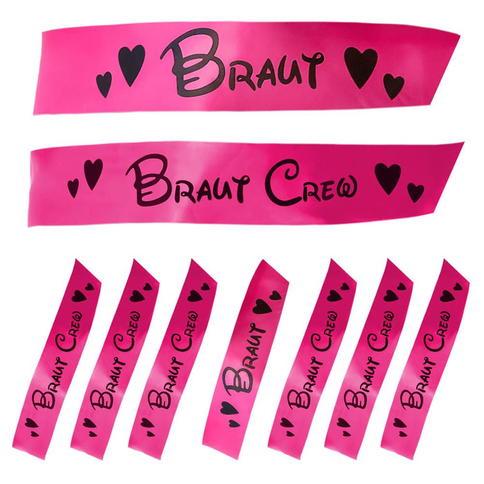 Schärpe Braut + Braut Crew Set JGA Hochzeit Hen Party Herzen pink