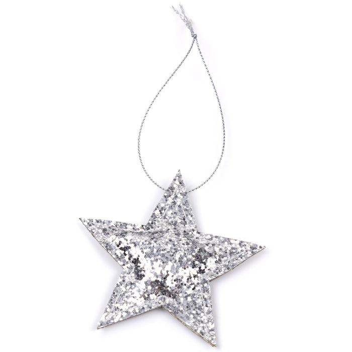 2er Set Sterne Anhänger Weihnachten Glitzer Aufhänger Deko für Advent Weihnachtsdeko Baumschmuck - silber