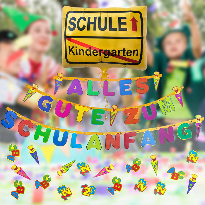 Schuleinführung Schulanfang Einschulung Deko Set - Alles Gute zum Schulanfang Girlande + Ballon + Konfetti