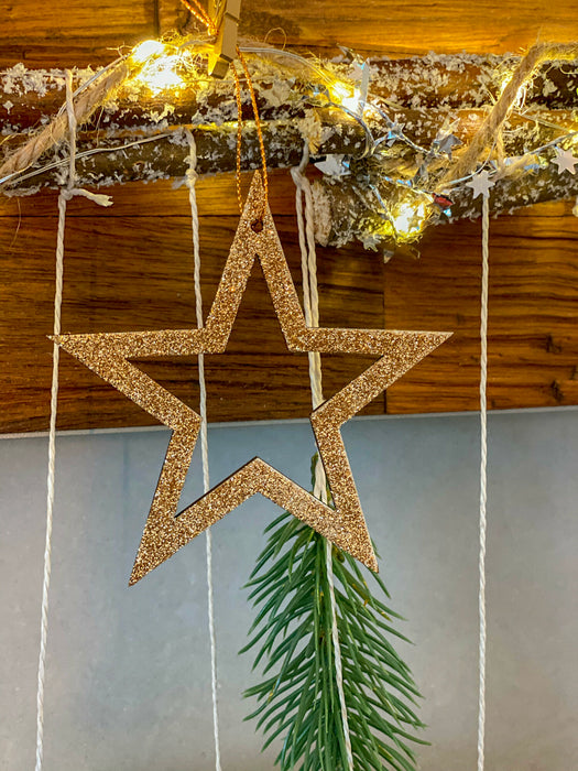 3 Holz Sterne mit Glitzereffekt Schnur Weihnachtsdeko Weihnachtsbaum Anhänger Weihnachten rosé gold