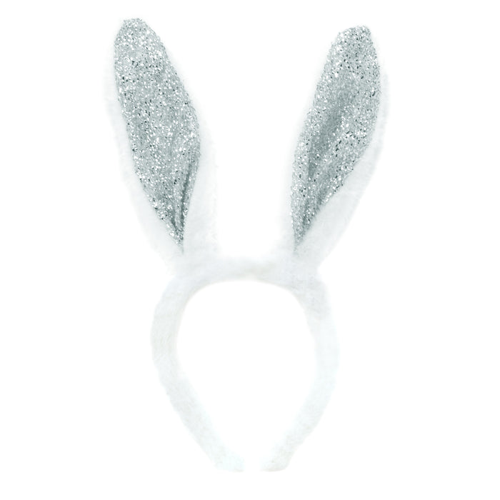 Haarreif Hasen Ohren Bunny Häschen Haarreifen Kostüm Accessoire Karneval Fasching Party weiß silber