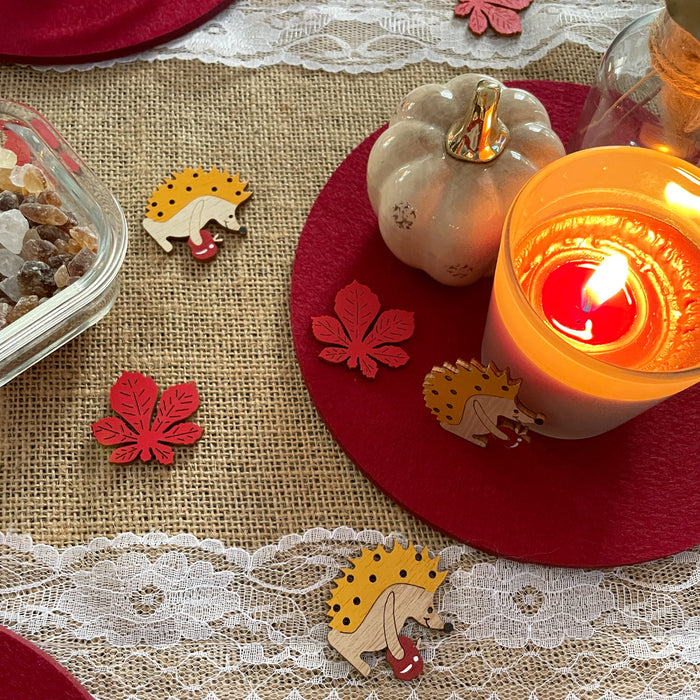 Herbst Konfetti Set Igel und Blätter aus Holz als Tisch Dekoration für den Herbst Basteln Kinder DIY