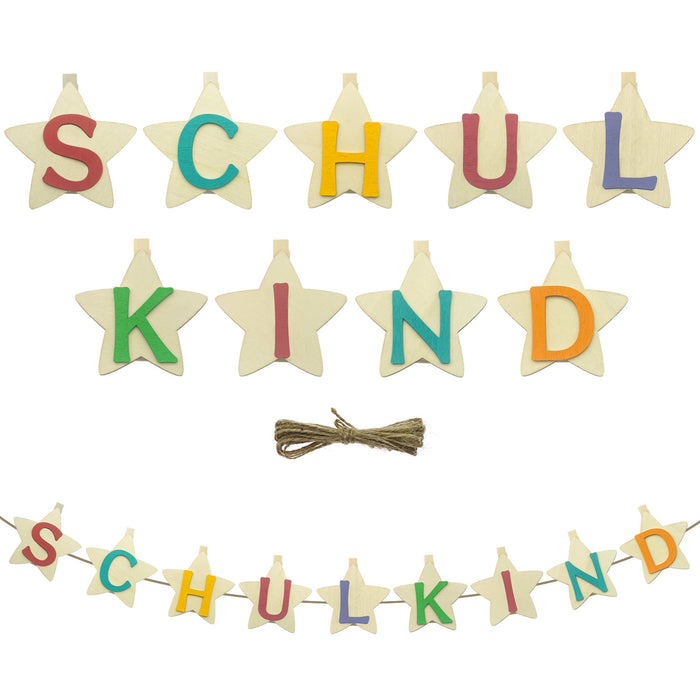 Schulkind Stern Girlande mit Holz Klammern Hänge Deko Banner für Schuleinführung Einschulung Jungs Mädchen Schule