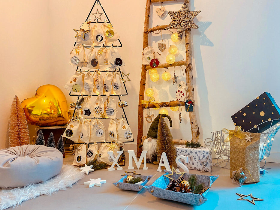 3 Holz Sterne mit Glitzereffekt + Schnur Weihnachtsdeko Weihnachtsbaum Anhänger Weihnachten - gold