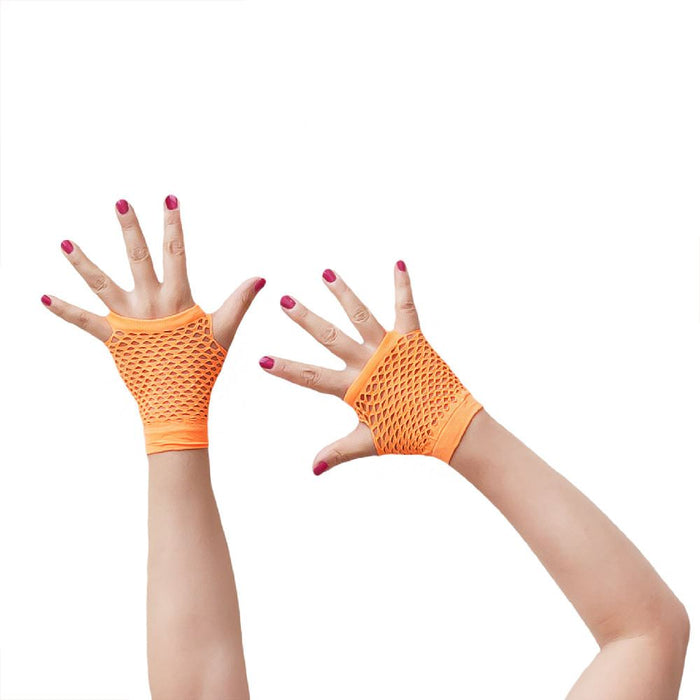 Netzhandschuhe kurz fingerlos Party Karneval Fasching - neon orange