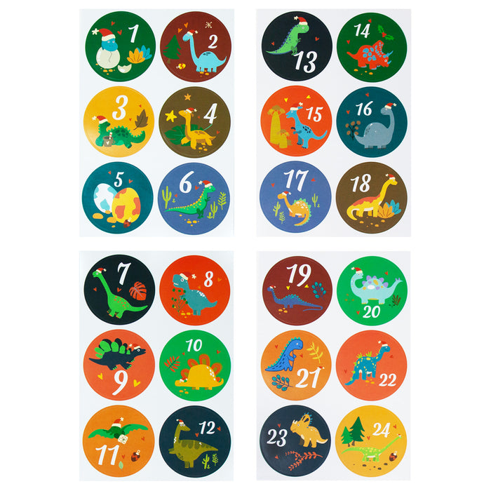 24 Adventskalender Sticker Zahlen Aufkleber mit Dino Motiven Weihnachten Basteln Weihnachtsdeko