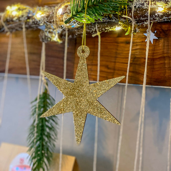 3 Holz Sterne mit Glitzereffekt Schnur Weihnachtsdeko Weihnachtsbaum Anhänger Weihnachten gold