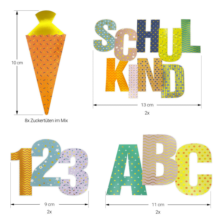 Schul Konfetti Set 14 Stk. metallisch glänzende Motive ABC 123 uvm. für Schuleinführung Einschulung Schulanfang