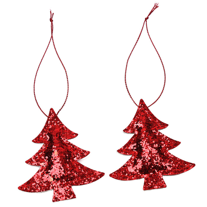 2er Set Tannenbaum Anhänger Weihnachten Glitzer Aufhänger Deko für Advent Weihnachtsdeko Baumschmuck - rot