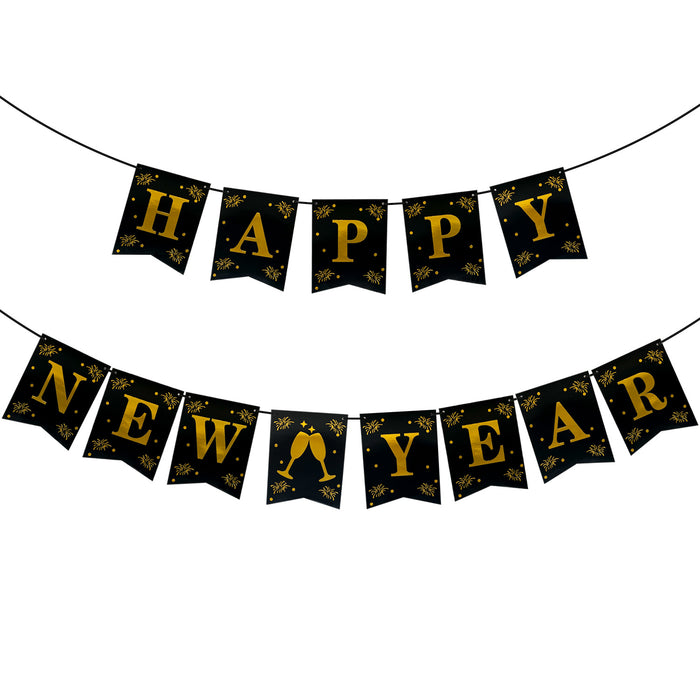 Happy New Year Wimpel Girlande Banner Wimpelkette für Silvester Neujahr Party Feier Deko schwarz gold