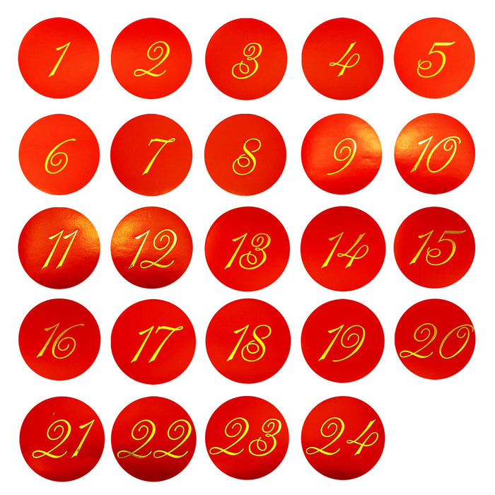 24 Adventskalender Sticker Zahlen Aufkleber Weihnachten Basteln Weihnachtsdeko - rot gold