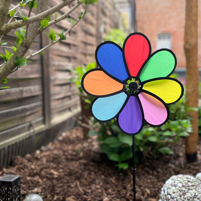 2x Windrad Blume in Regenbogen Farben Windmühle Windspiel als Deko für Garten Balkon Terrasse Deko Sommer Party