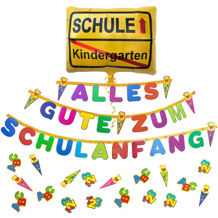 Schuleinführung Schulanfang Einschulung Deko Set - Alles Gute zum Schulanfang Girlande + Ballon + Konfetti