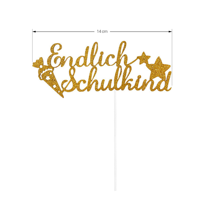 Schuleinführung Schulanfang Einschulung Deko Set - Torten Topper + Konfetti Set Endlich Schulkind gold