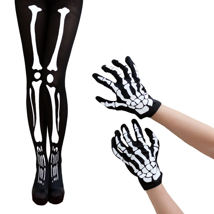 Skelett Kostüm Accessoire Set - Skelett Strumpfhose + Skelett Handschuhe für Halloween Fasching uvm