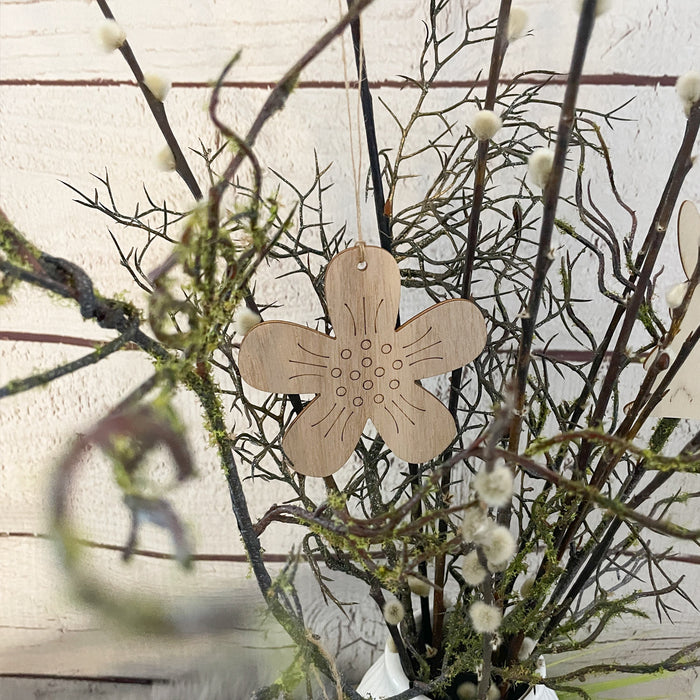 Holz Hasen und Blumen Anhänger 10er Set zum Aufhängen Hängedeko Osterstrauß Deko für Ostern zum Basteln