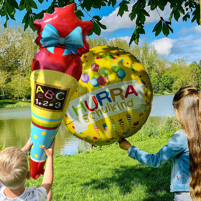 Schuleinführung Schulanfang Einschulung Deko Set - Folien Ballon Zuckertüte + 2x HURRA Schulkind Luftballons