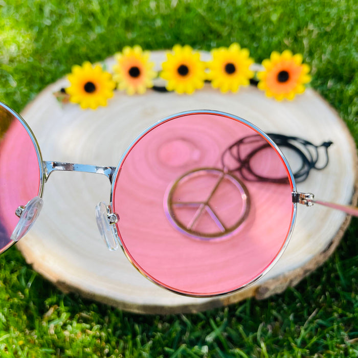 Hippie Kostüm Accessoire Set - Sonnenbrille + Peace Kette Leder Band + Blumen Haarband für Fasching Karneval