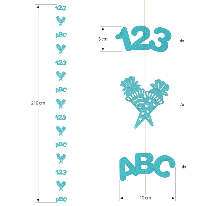 Deckenhänger Girlande mit 123 ABC Zuckertüte Anhänger für Schuleinführung Einschulung - türkis